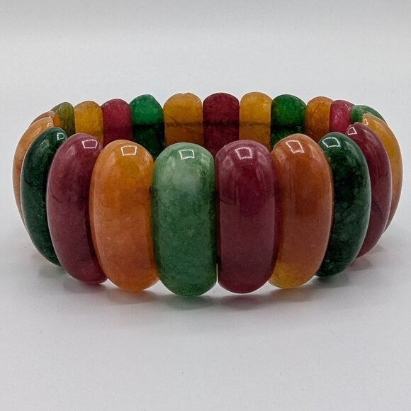 Multicolor Oval Natural Gemstone Stretch Bracelet Red Green Yellow Orange - Picture 1 of 16